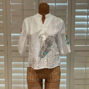 White Top 3/4 Sleeves, Embroidered FeathersNNW